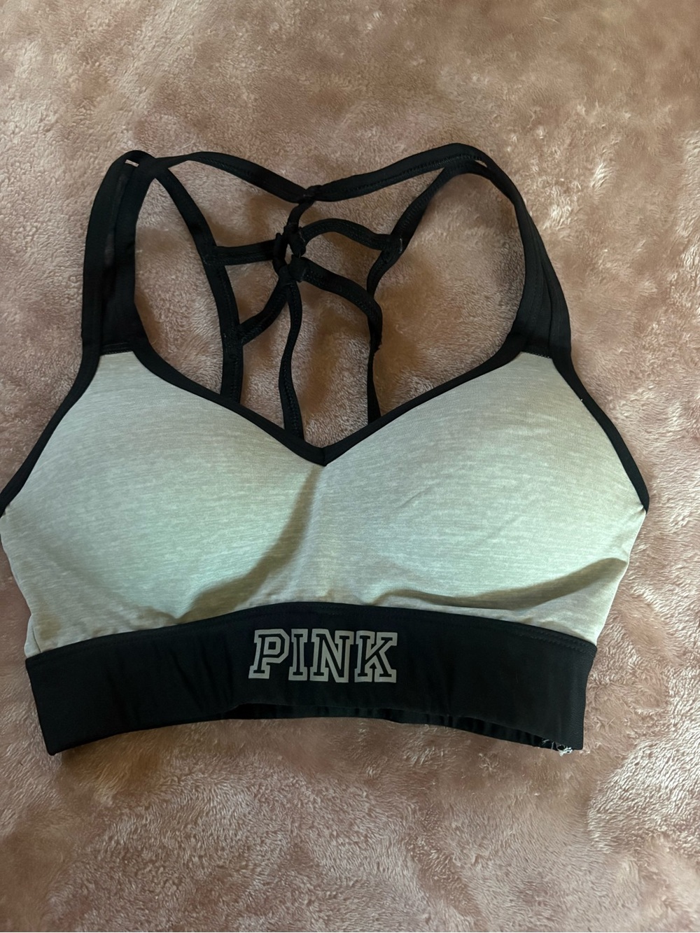 PINK Victoria's Secret Light Gray & Black Lattice-Back Sports Bra